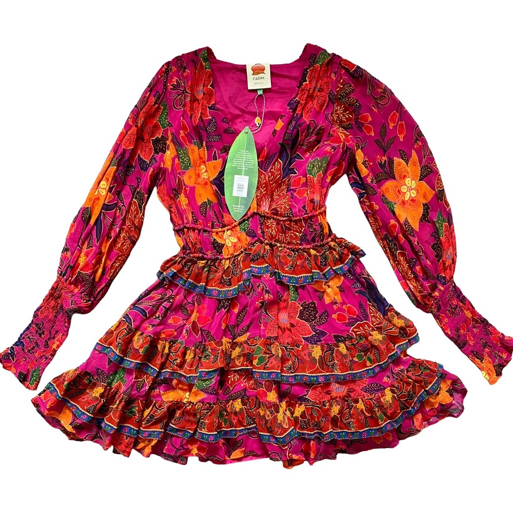 FARM Rio Tropical Tapestry Long Sleeve Mini Dress XXS NWT Floral  Party Colorful